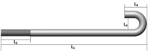 Ancla De Acero Tipo J Para Concreto, Rosca: 1-⅞"-4.5 HPP, L1: 150 cm, L2: 10 cm, L3: 5 cm, L4: 10 cm, METAX.